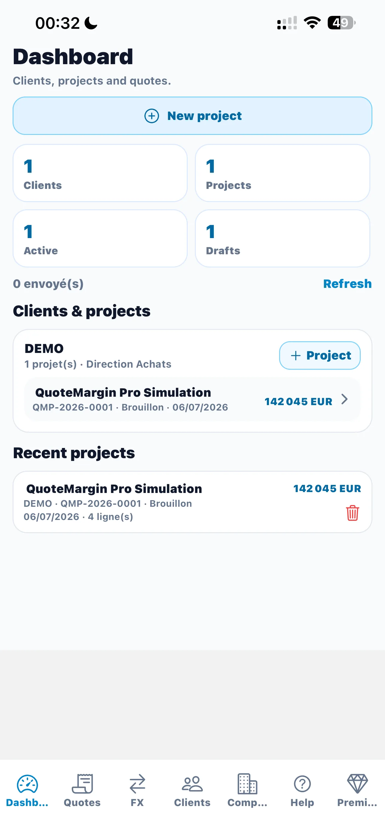 QuoteMargin Pro dashboard screen