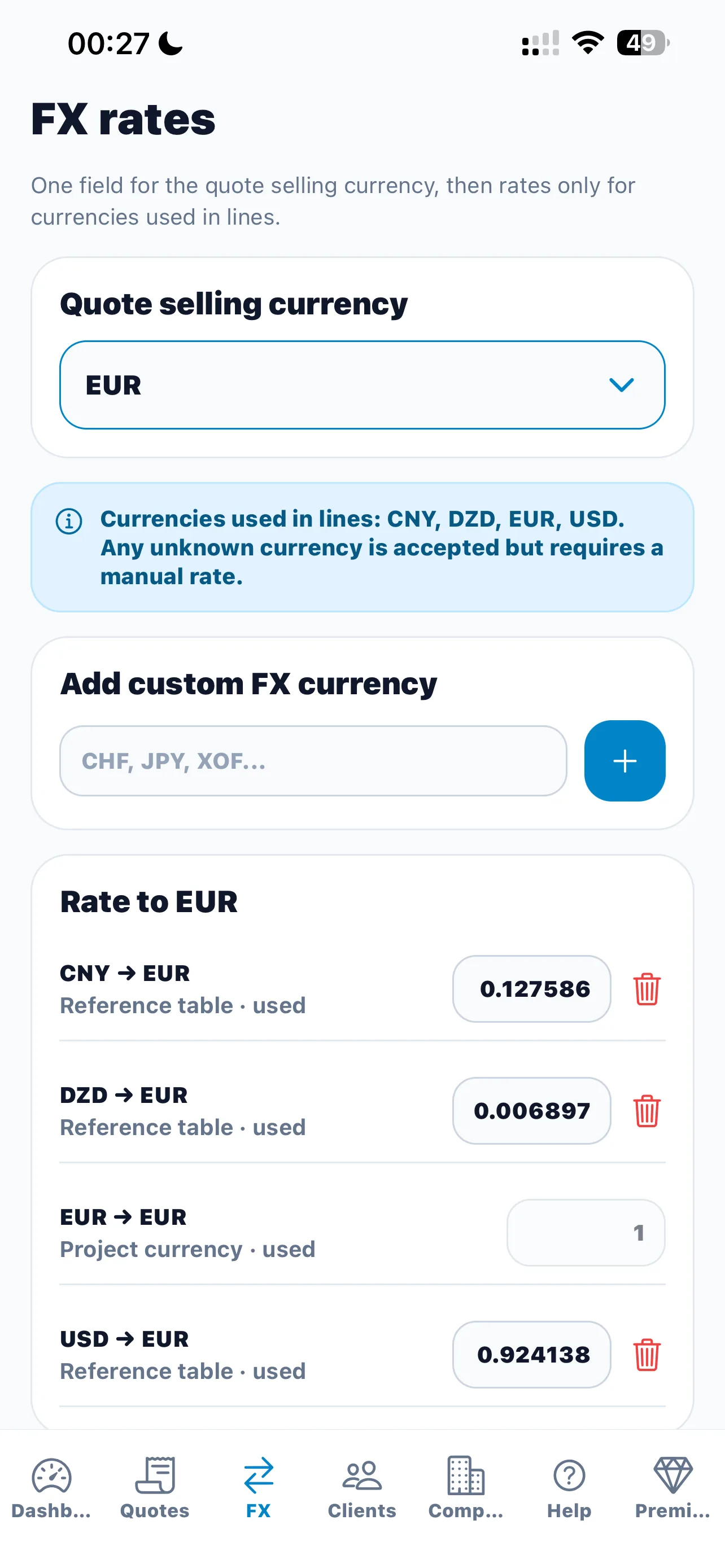 QuoteMargin Pro FX rates screen