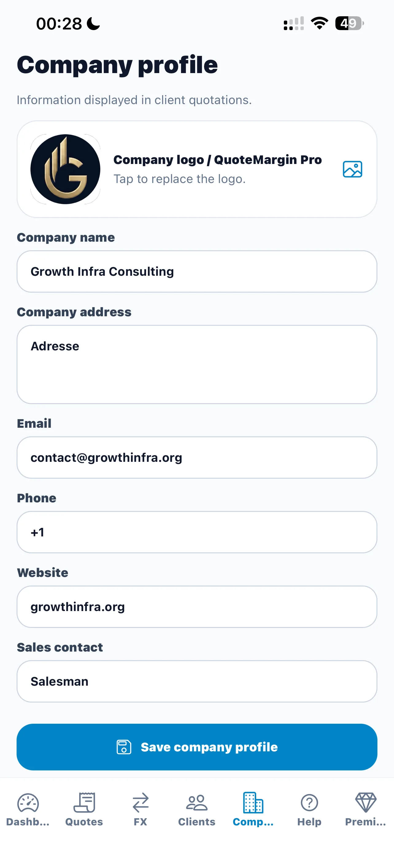 QuoteMargin Pro company profile screen