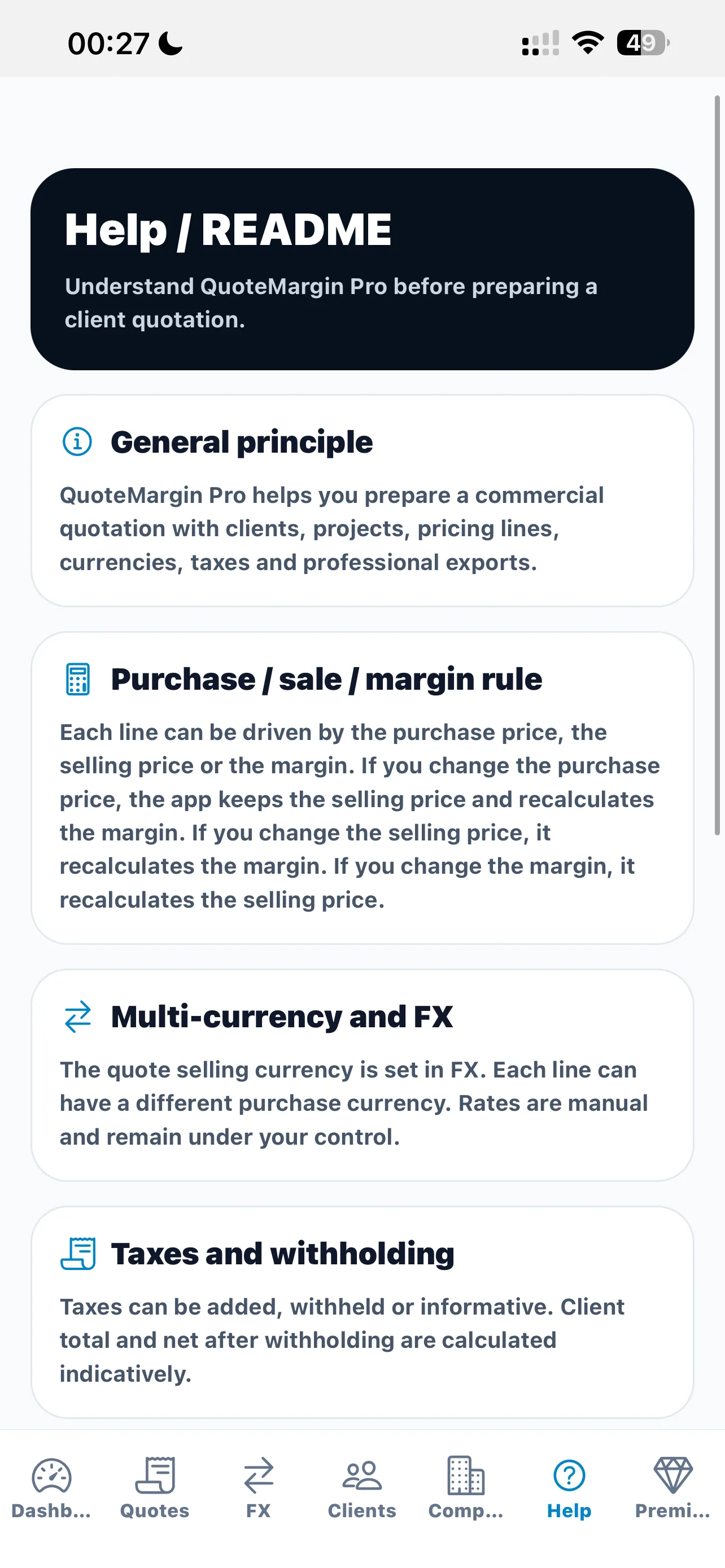 QuoteMargin Pro help screen