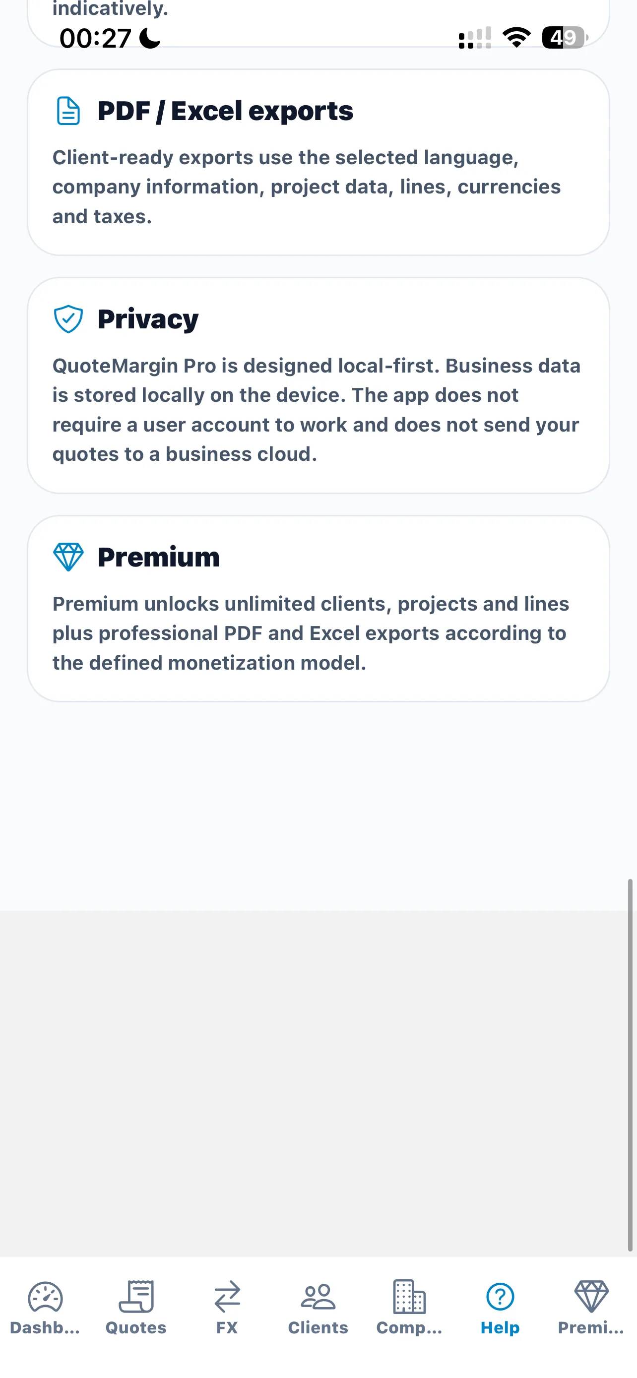 QuoteMargin Pro privacy and premium screen